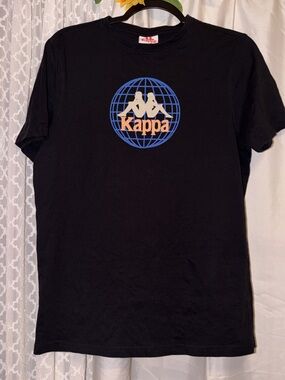 Kappa Black Tee with Blue Globe and Peach Logo